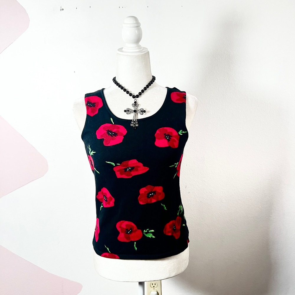 VTG 90s Floral‎ Tank Top Womens Small Black Red Gothic Whimsigoth